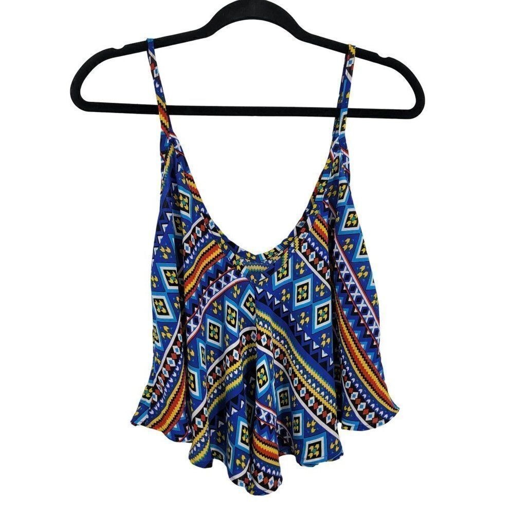 Y2K Boho Hippie Crop Top Sz‎ L Blue Aztec Bandana Colorful Flowy Festival USA
